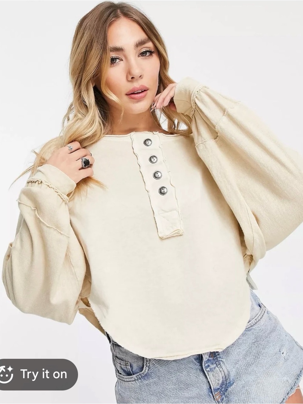 Free People Cream Cropped Henley Long Sleeve Top